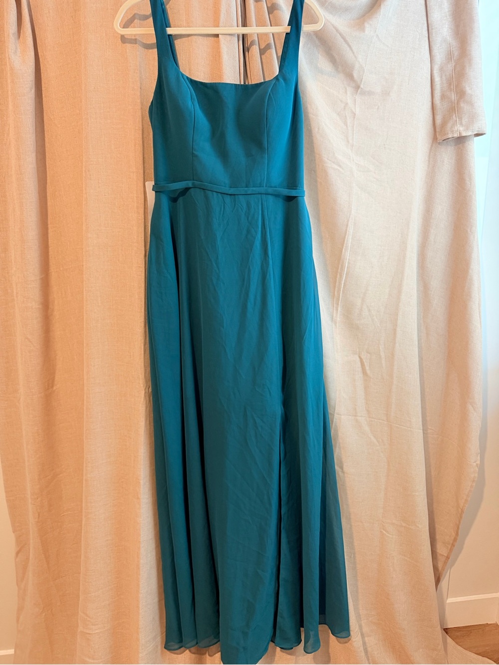 Azazie Teal Square-Neck Maxi Dress with Waist Tie